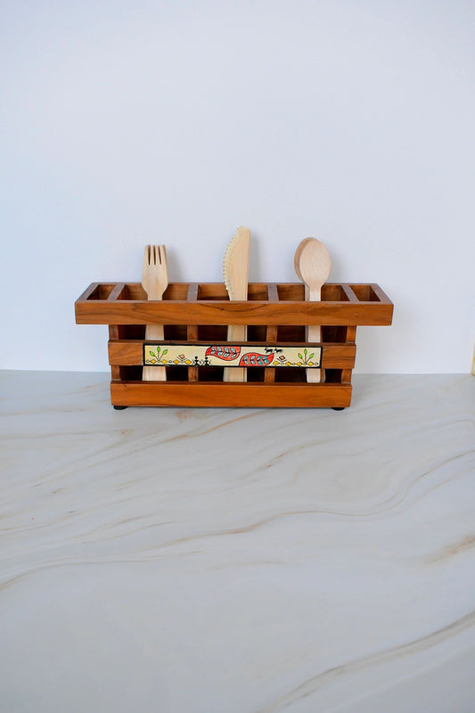 Tribal Teak Utensil Holder